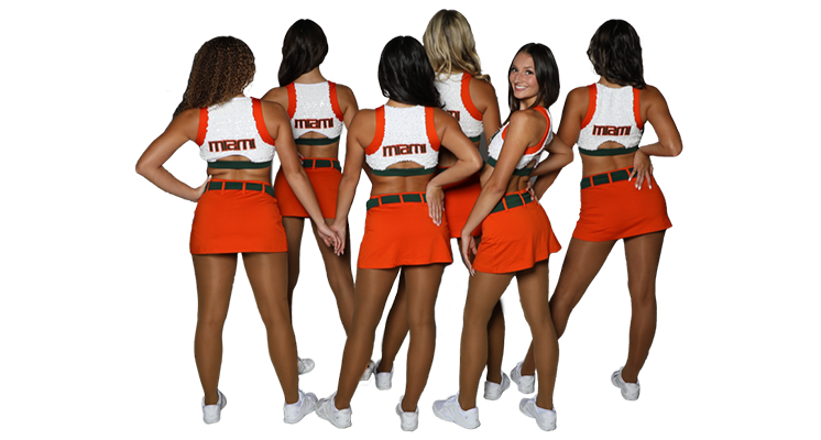 Six Miami Hurricanettes in a formation, five facing away and one facing forward.